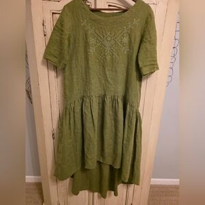 Green Embroidered Linen Dress